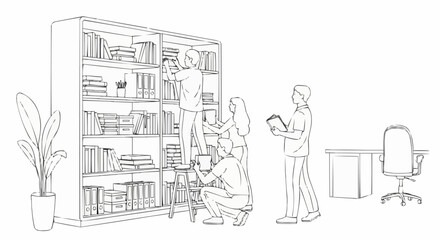 People organizing and searching for books on a large bookshelf.
