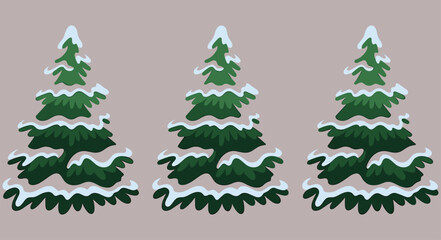 Three cartoon snow-covered pine trees illustration, winter Christmas forest design, evergreen trees with white snow layers isolated on white background