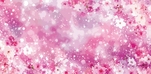 Um vibrante fundo rosa em aquarela adornado com delicadas flores de cerejeira e efeitos de luz cintilantes, ideal para designs românticos de primavera.