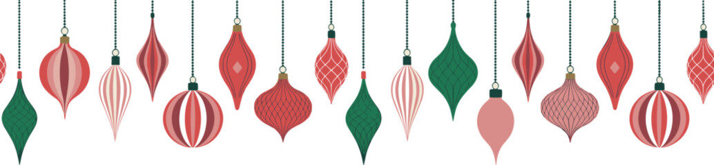 Vintage style Christmas ornaments pattern in red green and pink, festive hanging baubles seamless background for holiday decoration design