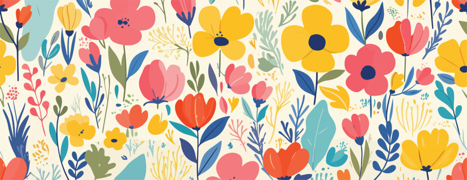 Um padr&atilde;o floral vibrante e colorido, com flores estilizadas em tons de amarelo, rosa e azul, perfeito para fundos e designs.