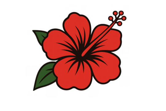 Red hibiscus flower illustration clip art with green leaves, tropical blossom plant on transparent background - Powered by Adobe
