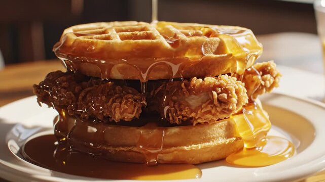 Pouring Maple Syrup on Stacked Fried Chicken and Waffles
