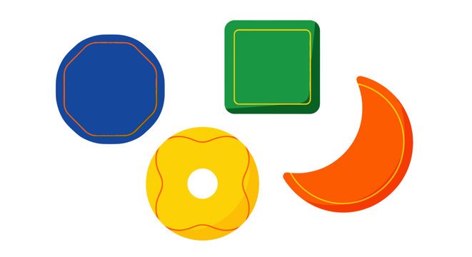 Flat lay of colorful geometric shapes on a white background.