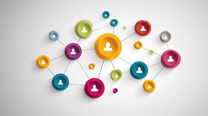 Abstract network of colorful circles with human icons connecting to each other on a light grey background