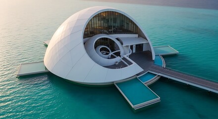 Obraz premium Aerial view of a modern architectural marvel overwater villa with pool