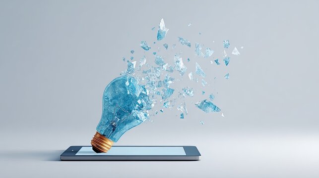 A light bulb made of shattered blue glass explodes into fragments while resting on a modern smartphone concept of digital innovation