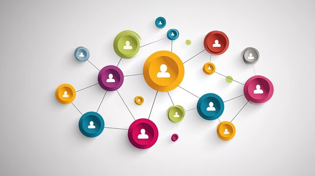 Abstract network of colorful circles with human icons connecting to each other on a light grey background