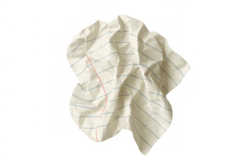 Crumpled lined paper representing mistakes, writer's block, discarded ideas, and finding solutions on a transparent background