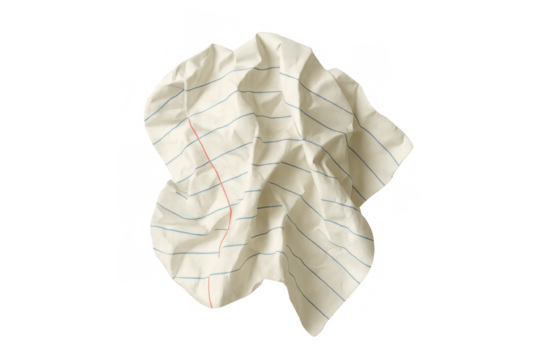 Crumpled lined paper representing mistakes, writer's block, discarded ideas, and finding solutions on a transparent background