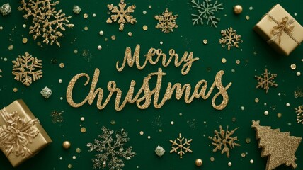 Christmas horizontal banner with festive gold symbols, decorated tree, wrapped gifts, tinsel, confetti, and snowflakes on green background for holiday celebrations