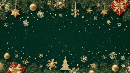 Christmas horizontal banner with festive gold symbols, decorated tree, wrapped gifts, tinsel, confetti, and snowflakes on green background for holiday celebrations