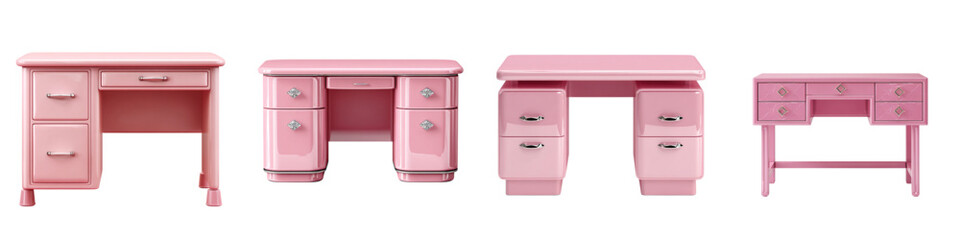 Charming collection of four vintage-inspired pink desks, perfect for creating a stylish and functional workspace or vanity area with retro flair.