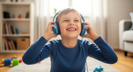 Joyful kid engrossed in music with blue headphones at home in a cozy setting