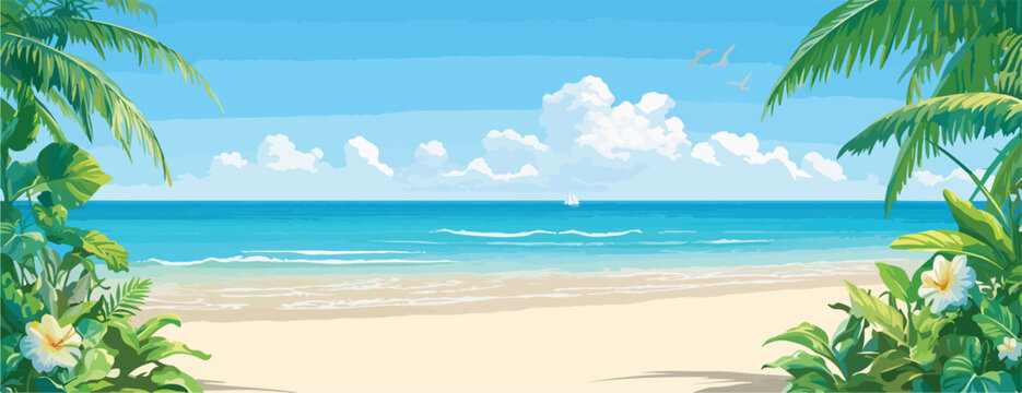 Ilustra&ccedil;&atilde;o vetorial de uma praia tropical paradis&iacute;aca, com mar azul, areia clara e palmeiras, criando um ambiente de f&eacute;rias relaxante e inspirador.