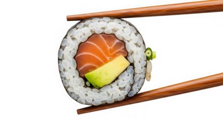 Sushi roll with salmon and avocado held by chopsticks isolated on transparent background
