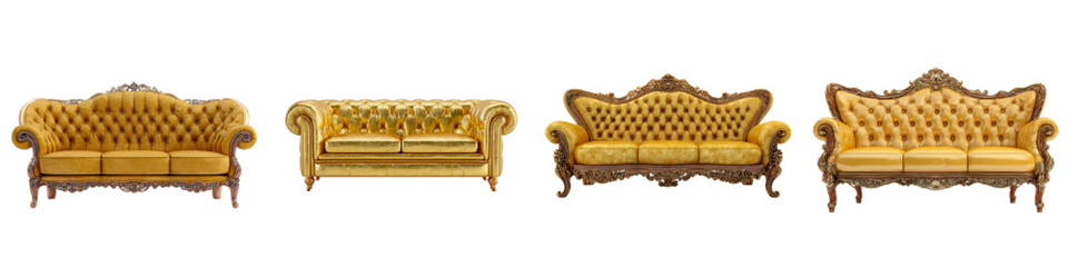 Luxurious golden tufted sofas exude vintage elegance and opulent comfort, perfect for timeless interior design projects and grand living spaces.