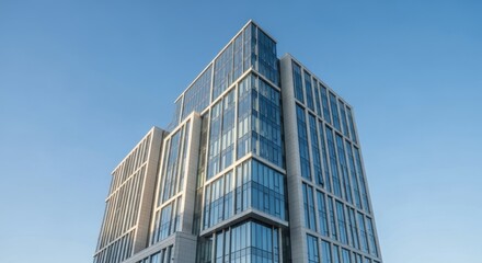 Modern architectural design showcasing a glass and concrete skyscraper against a clear blue sky