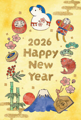 馬の飾りと正月の縁起物の年賀状テンプレート