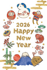 馬の飾りと正月の縁起物の年賀状テンプレート