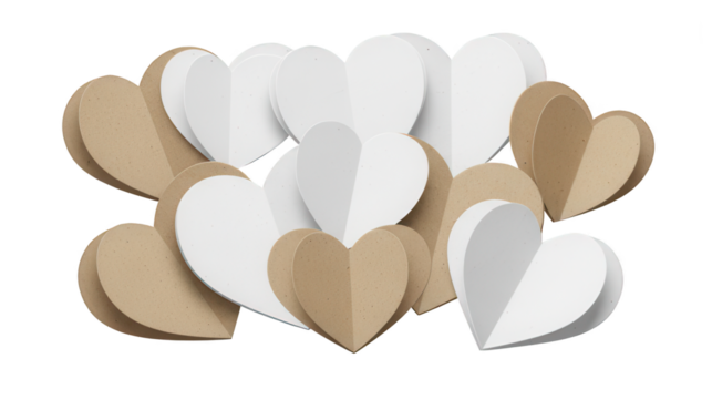 Elegant floating hearts in white and kraft paper for Valentine's Day or wedding decor, perfect for expressing love and affection in a modern minimalist style