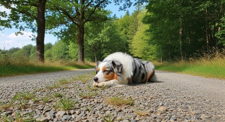 Relaxing australian shepherd resting peacefully on a rural gravel path amidst the serene woods