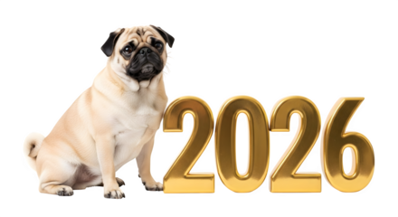 Cute pug dog with 2026 golden number
