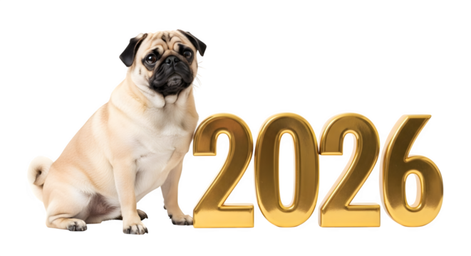 Cute pug dog with 2026 golden number