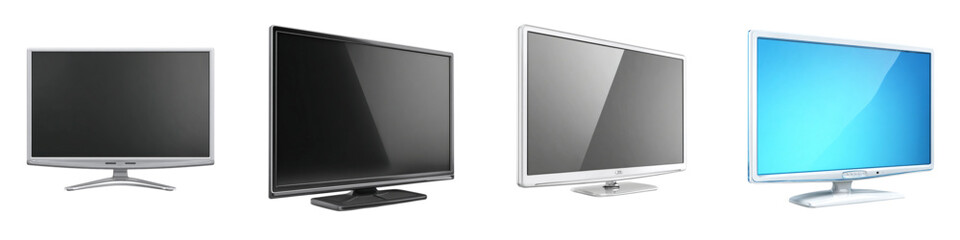 Modern LED computer monitors and flat screen televisions showcasing vibrant blue display and sleek white frames, perfect for tech presentations and digital displays.