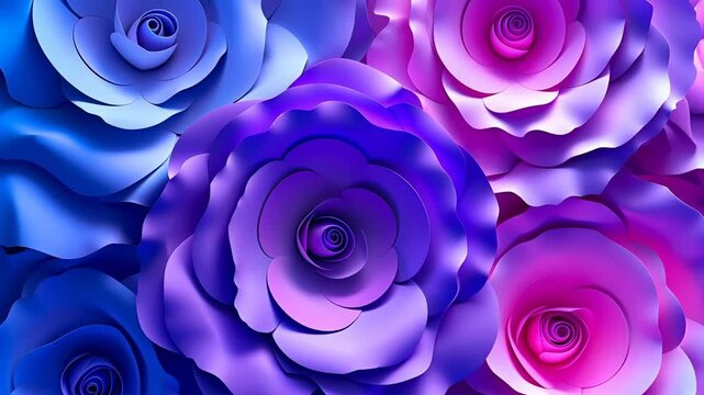 Gradient color shift of paper roses from blue to pink, evolving abstract flower wall for background video