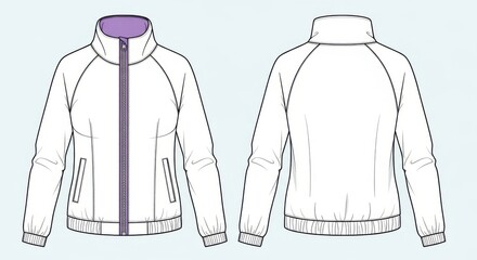 Technical fashion illustration of a sporty white jacket with raglan sleeves showcases front and