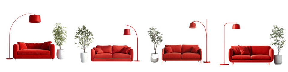 Vibrant red sofas paired with modern red arc floor lamps and lush potted plants create a stylish and inviting living room aesthetic ideal for design inspiration