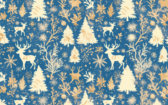 Padr&atilde;o natalino sem costura em tons de azul e dourado, com veados, &aacute;rvores de natal e flocos de neve, ideal para decora&ccedil;&otilde;es festivas.