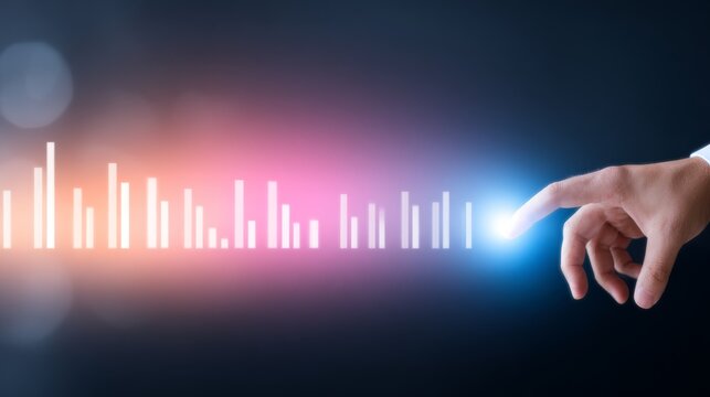 Close up of hand interacting with financial data on business growth bar chart financial data visualization hand analyzing business growth bar chart.