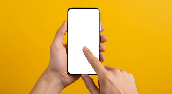 Close up of a person using a smartphone with a blank screen and a bright yellow background