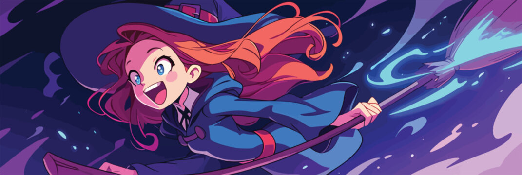 Uma bruxa jovem e alegre com cabelo ruivo voa dinamicamente em sua vassoura m&aacute;gica atrav&eacute;s de um c&eacute;u noturno estrelado, emanando um brilho encantador.