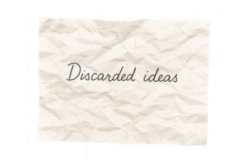 Discarded ideas written on crumpled paper representing failed concepts and brainstorming processes on a transparent background