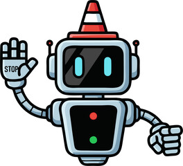 Cute Robot with Traffic Cone Hat and Stop Hand Gesture.