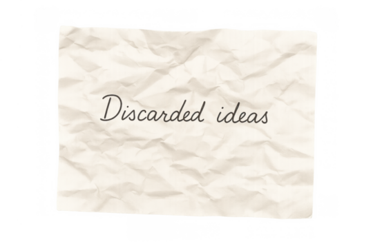 Discarded ideas written on crumpled paper representing failed concepts and brainstorming processes on a transparent background