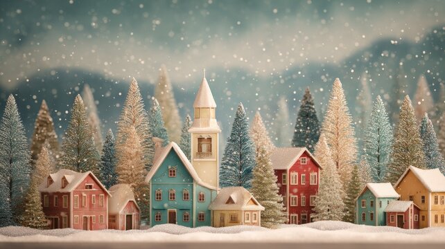 Vintage christmas village covered in snow with cozy houses and glowing lights, peaceful winter landscape featuring festive decorations and pine trees, nostalgic holiday scene perfect for christmas car - Powered by Adobe