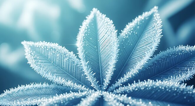 Close-up of sparkling frost on plant leaves in a cool blue winter setting