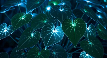 Close-up of glowing teal plant leaves with vibrant illuminated veins on dark