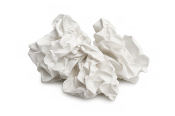 Crumpled white paper pile representing mistakes, frustration, creative blocks, and discarded ideas on transparent background