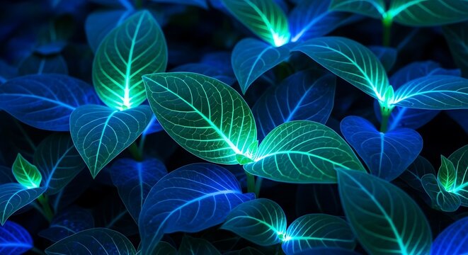 Vibrant glowing blue and green plant leaves with intricate veins