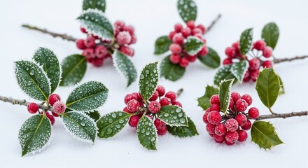 Winter frost covered holly sprigs with red berries on white background