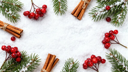 Festive arrangement of red berries, cinnamon sticks, and pine branches on snowy surface creates holiday atmosphere