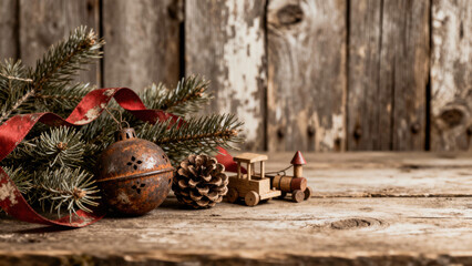 Festive Christmas scene with rustic wooden background, featuring pine branch, red ribbon, vintage toy train, pine cone, and decorative bell