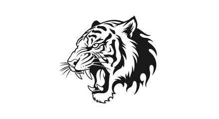 A fierce black and white illustration of a tiger's head roaring with its mouth open and teeth bared.