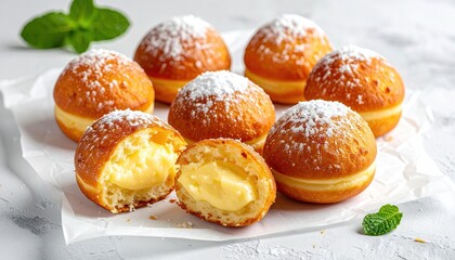 Custard filled doughnuts with powdered sugar, mint