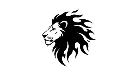 A striking black and white illustration of a lion's head with a fiery mane.